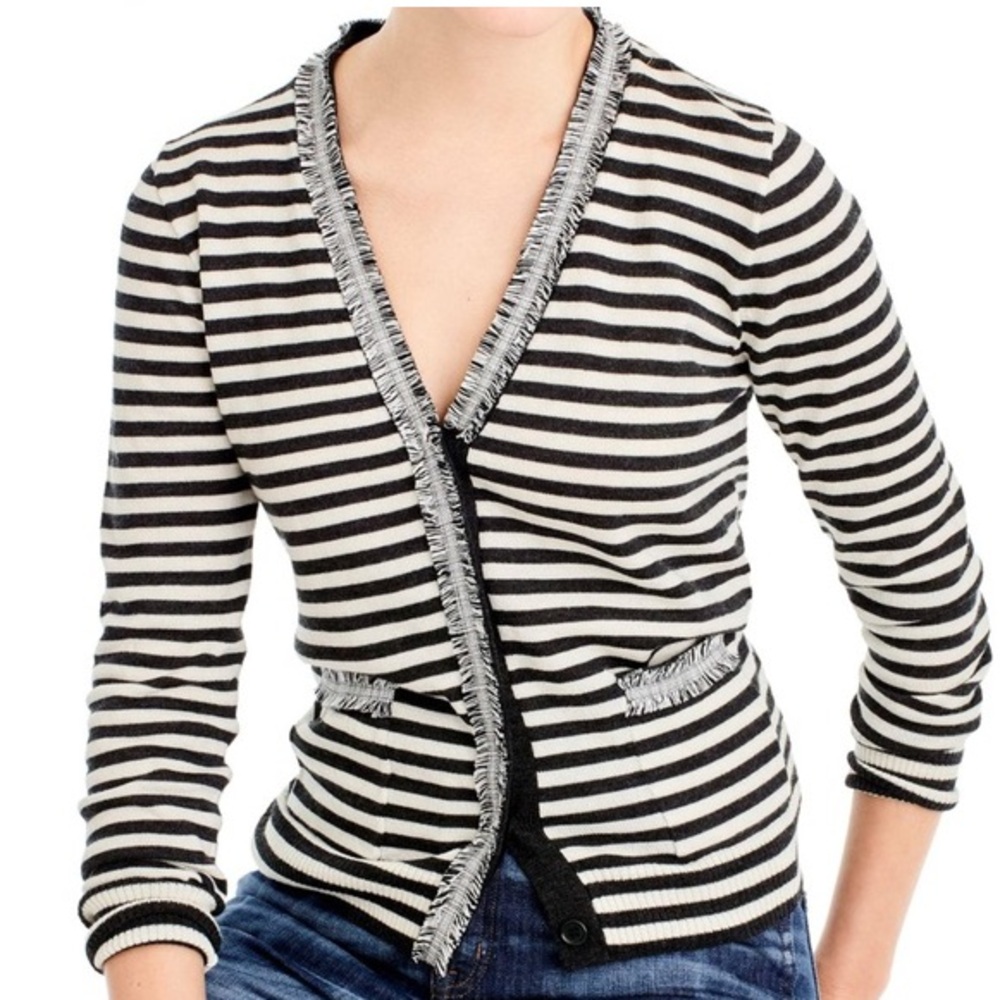 J. Crew Black and White Striped Fringe-Trim Cardigan